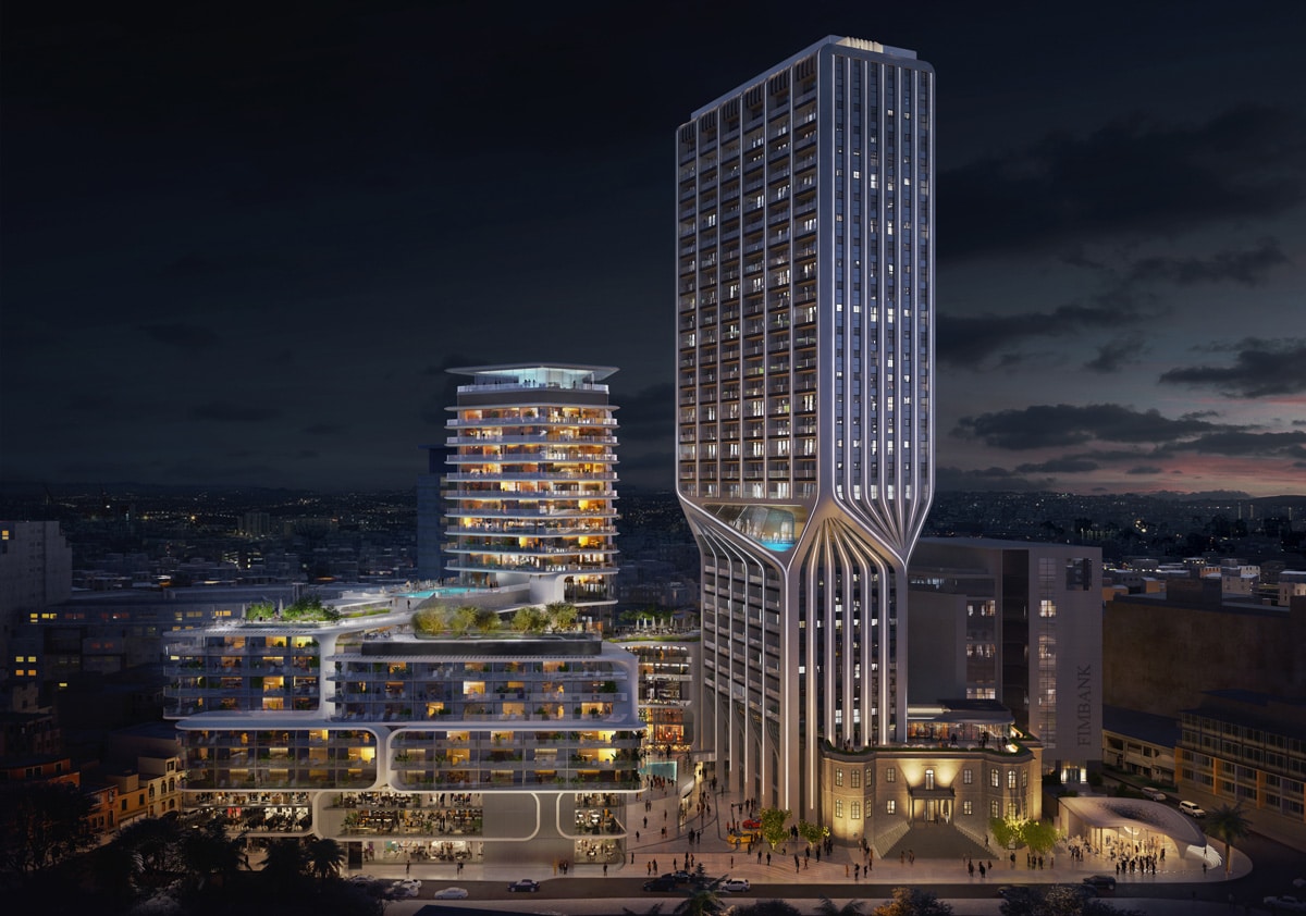 Evening architectural view of Mercury Tower in St Julian’s, Malta